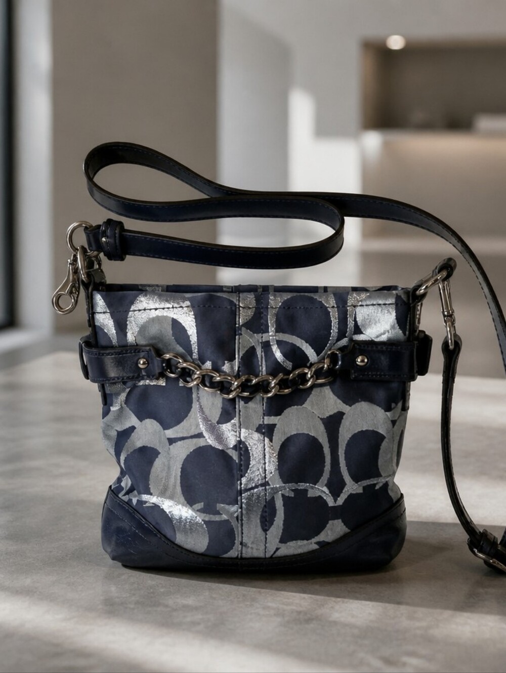 Women's Navy and Silver Patterned Crossbody Bag Like New Condition